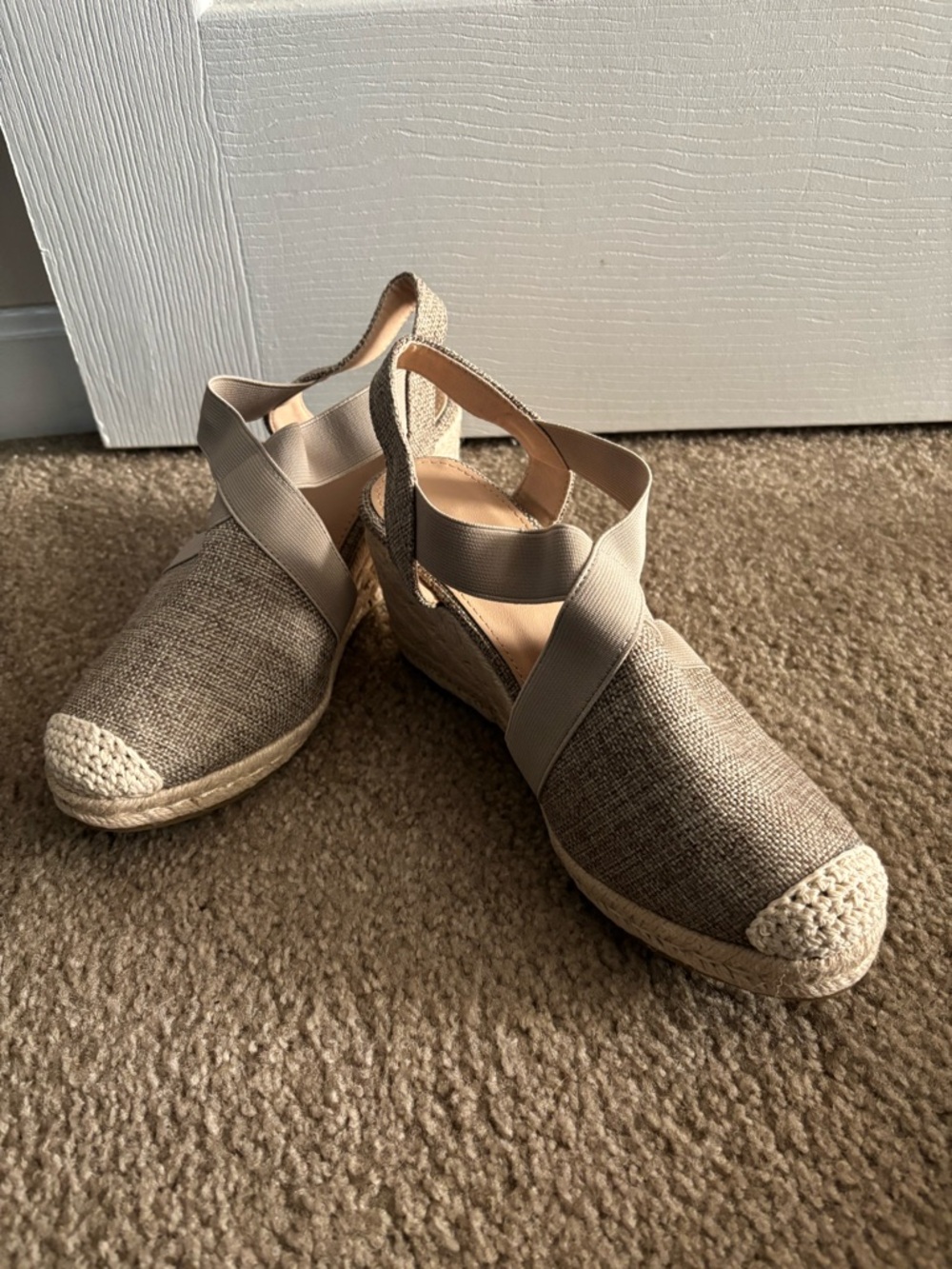 Neutral Beige Espadrille Wedge Sandals with Elastic Cross Straps